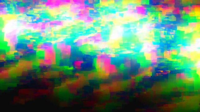 Panning shot of colorful pixelated glitch pattern shifting and flickering across dark screen interface with cascading multicolor blocks