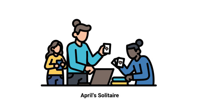 Three people playing solitaire card game together with laptop and cards.