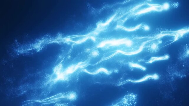 Slow tracking shot of glowing particle streams flowing across deep dark abstract space background with luminous blue light trails