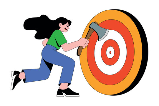 A determined woman is about to hit a large target with an axe in a bold and dynamic motion.