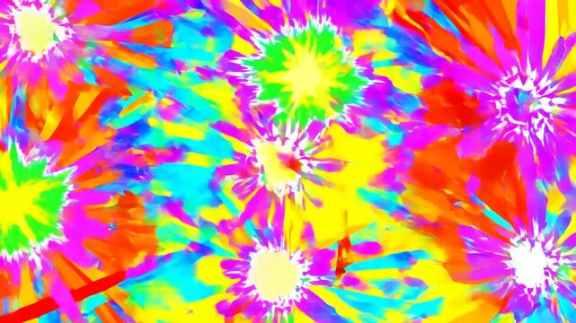 Panning shot of colorful abstract paint bursts sweeping across vibrant psychedelic digital background in looping animated graphic pattern