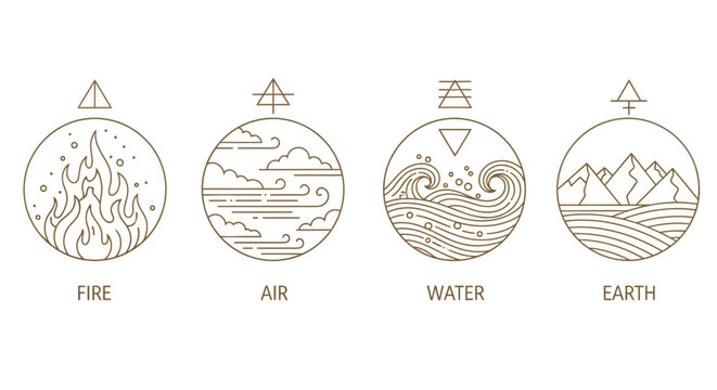 Elemental icons, earth, air, fire, water symbols, nature elements, vector illustrations