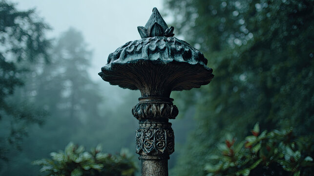 Giant amanita muscaria rise over monastery concept. A detailed close-up of a beautifully designed garden lantern.