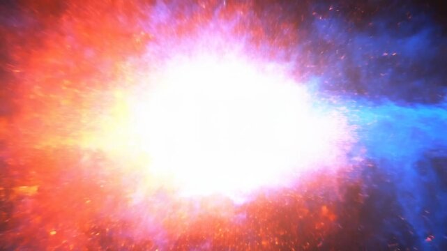 Slow motion tracking shot of fire and ice energy colliding into explosive particle burst on black studio backdrop