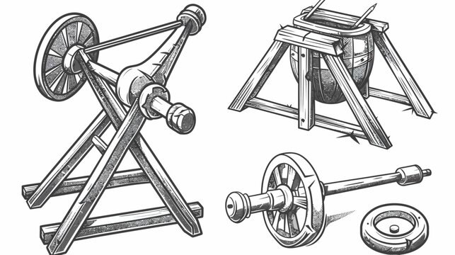 Artistic depiction of medieval siege weaponry including a trebuchet, and other related items