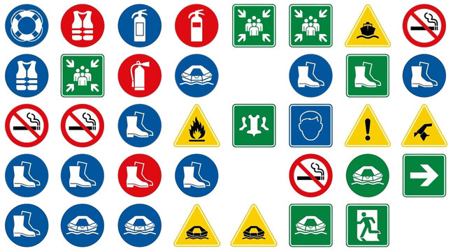 Vector Icons Set of industrial safety and health warning signs and symbols. Vector Illustrations. EPS Editable