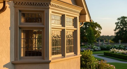 Obraz premium Ornate bay window with multiple panes of wavy glass, showcasing architectural detail and warm sunlight on a residential exterior.