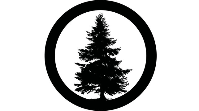 Silhouette of a fir tree inside a circle, all in black against a white background