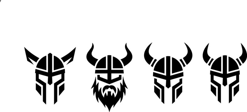 Viking and Spartan Warrior Helmet Silhouette Collection Featuring Horned Norse Headwear and Ancient Greek Battle Masks for Logo Design