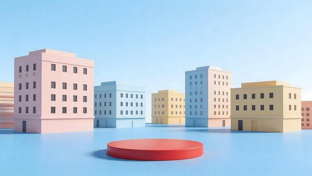 Colorful abstract cityscape with red platform