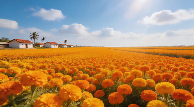 sardonyx. A vast field of marigold flowers in full bloom under a bright sky in Gujarat, India. gardening catalogs, home-decor guides, designed for home decor and floral branding.