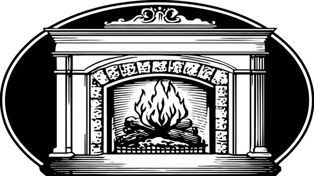 Illustration of a detailed fireplace with a burning fire, enclosed in a black oval