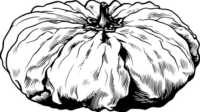 Black and white line drawing of a winter squash with a detailed stem