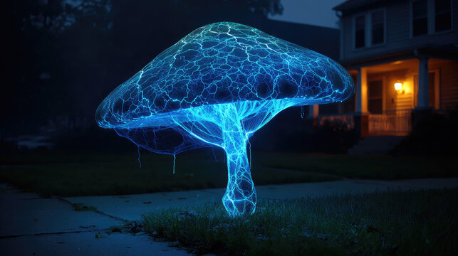 Giant amanita muscaria rise over monastery concept. A glowing mushroom illuminated in a dark residential setting.