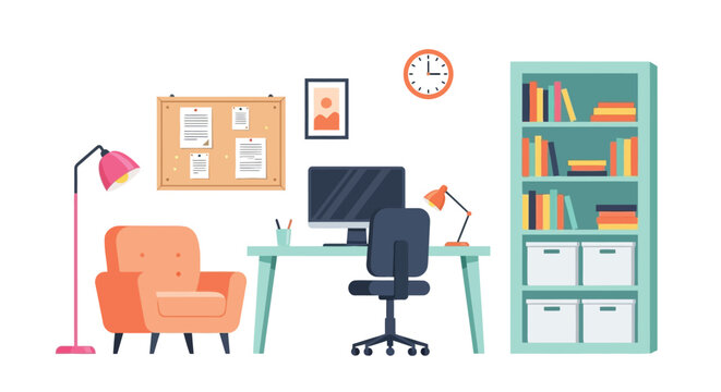 A brightly colored home office setup featuring a desk chair bookshelf and decorative elements