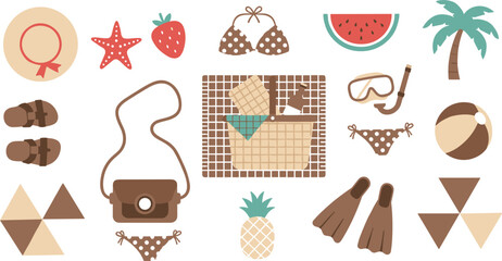 Cute Summer Vacation Icon Set with Beach Accessories Picnic Basket Swimwear Tropical Fruit and Travel Elements in Flat Vector Style © NUR