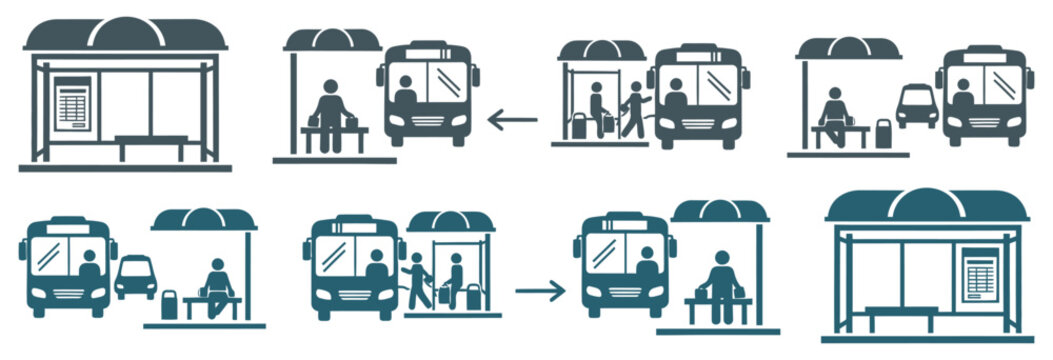A visual guide illustrating the sequence of events at a bus stop, showing passengers waiting, boarding, and disembarking from a bus, along with the bus arriving and departing the stop.