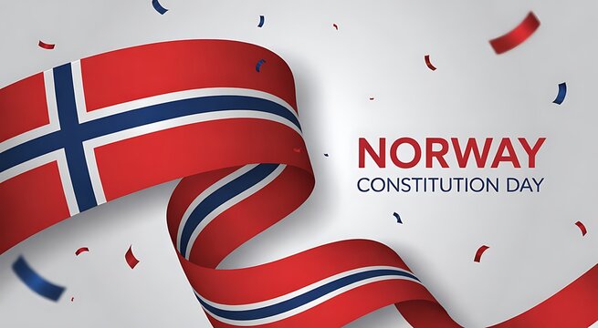 Norway constitution day celebration with flag ribbon and confetti