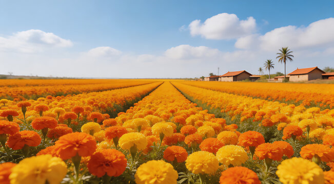 sardonyx. A vast field of marigold flowers in full bloom under a bright sky in Gujarat, India. gardening catalogs, home-decor guides, designed for home decor and floral branding.