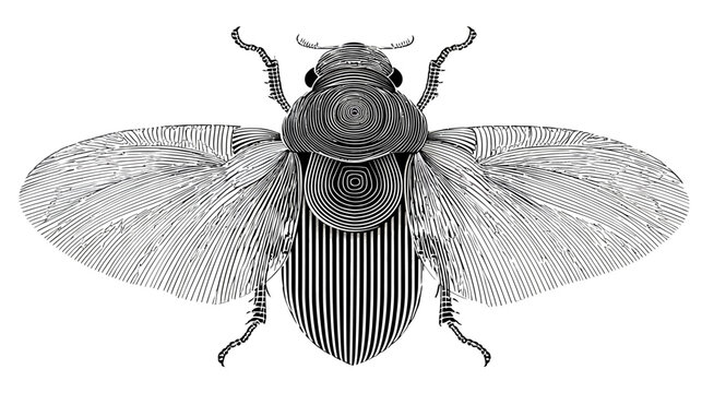 Detailed etching of a beetle with striped wings, black and white illustration