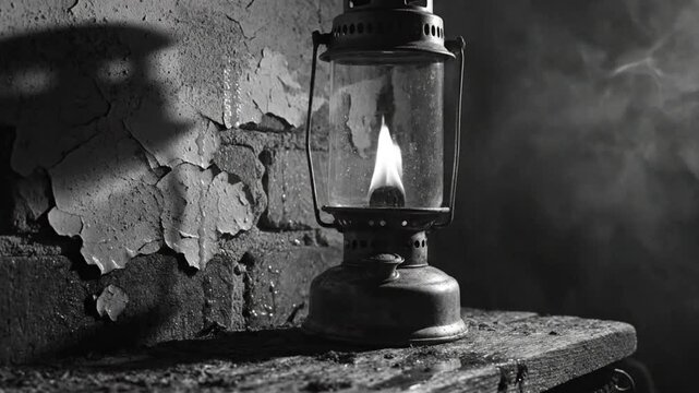 Black and white close-up of a lit vintage oil lantern sitting on a weathered wooden surface with peeling wall in the background