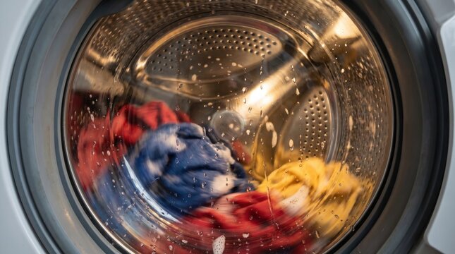 Clothes spinning inside washing machine drum during active wash cycle