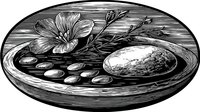 Detailed linework depicts bowl with flora, seeds, and smooth rock, set against striped ground