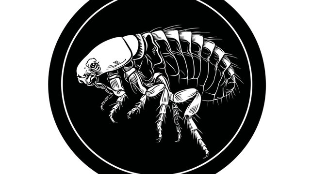 A flea illustrated in black and white, displayed in a circle with clean design