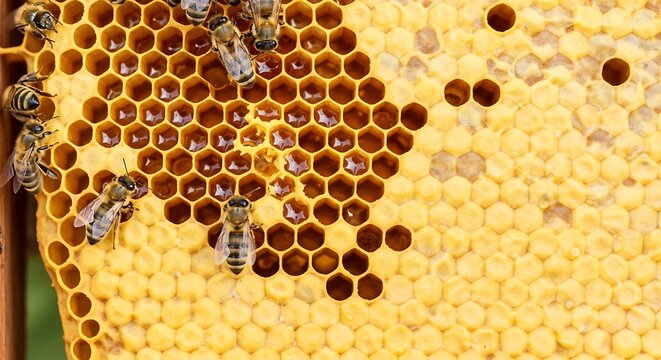 Bees working on honeycomb, close up view of the hive.