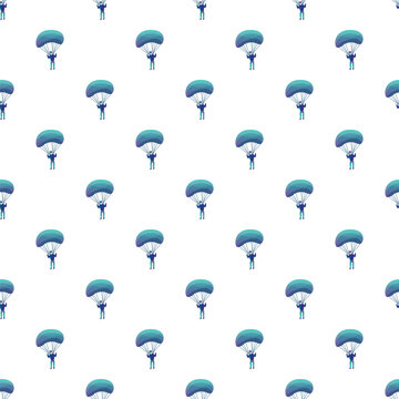 Skydivers flying with parachutes in a blue and white seamless pattern