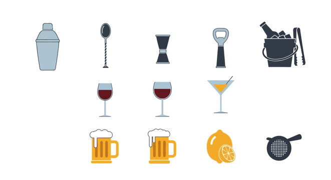 Cocktail bar tools and drinks icons.