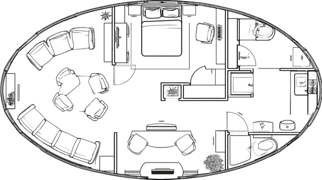Detailed floor plan sketch of oval shaped house with multiple rooms, furniture, and appliances