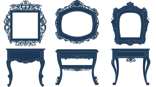 A collection of ornate antique frames and matching tables in a deep indigo color