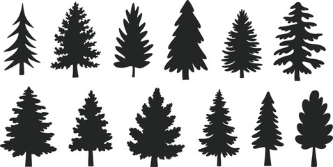 Obraz premium Set of black pine tree silhouettes, evergreen forest icons collection, minimal vector illustration isolated design