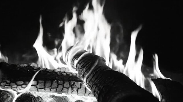 Black and white close-up of a cozy fireplace with burning logs and dancing flames creating warmth and ambiance.