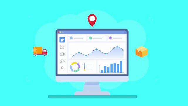 Looping flat animation of a cloud analytics dashboard with charts, location pin and delivery icons, representing logistics tracking, data monitoring, and business operations.