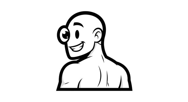 Funny cartoon illustration of a bald man with a large bulging eye looking over his shoulder