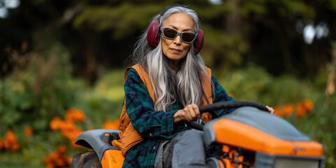 Naklejka premium Older woman steering lawn tractor through flower garden