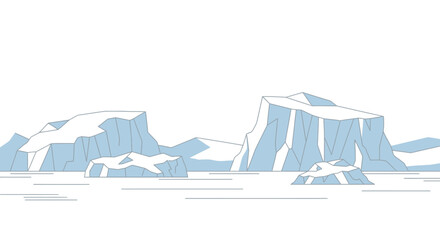 Minimalist Arctic landscape with floating icebergs in a cold ocean. © Hasanz