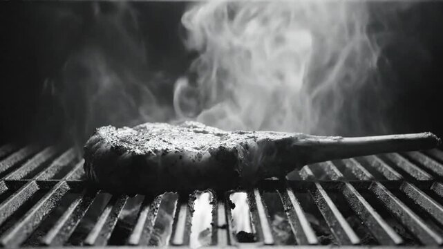 Black and white close up of a tomahawk steak grilling on a metal barbecue with smoke rising in the background