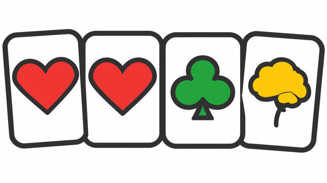 Four playing cards, two hearts, a club, and a yellow brain, each with a black border