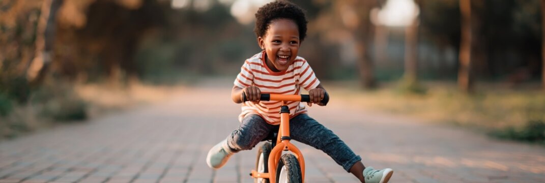 Toddler riding balance bike on paved path in park