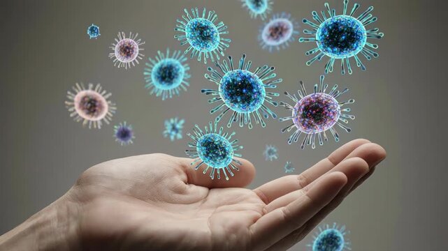 Stylized germs floating above hand