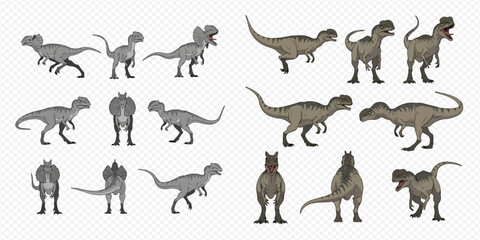 Set of various dinosaur illustrations showcasing different species and poses, perfect for educational content or prehistoric themes. © MuammarAuliyan