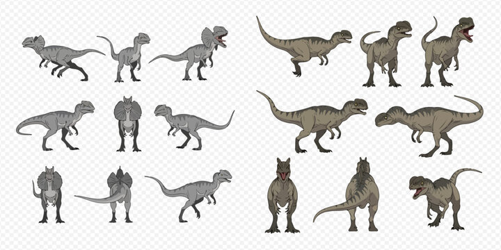 Set of various dinosaur illustrations showcasing different species and poses, perfect for educational content or prehistoric themes.