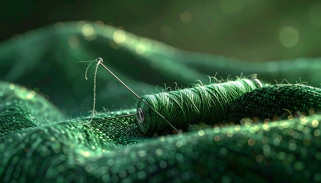 Green thread and needle on textured fabric, macro shot.