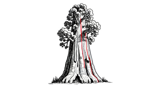 Giant Sequoia Tree Illustration with Red Scar
