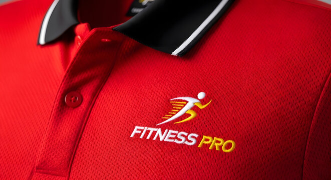 Professional red polo shirt mockup with fitness pro logo embroidery on chest for gym and sports branding