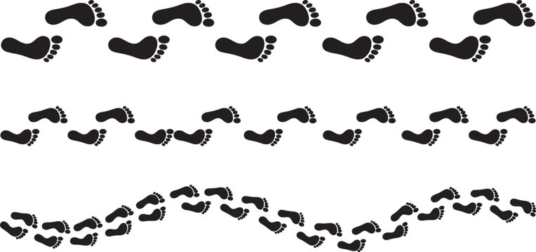 Multiple rows of black footprint icons showing a path and progress over a white background