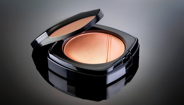 compact makeup case opens to reveal peach pressed powder geometric textured surface sleek black casing modern design reflective surface elegant beauty product fashion cosmetic showcase